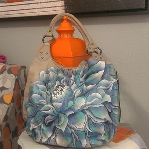 Anuschka Blue and Gray Floral Shoulder Bag